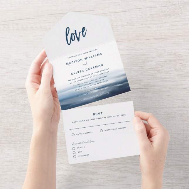 Modern Painted Beach Ocean Theme Wedding All In One Invitation (Tearaway)
