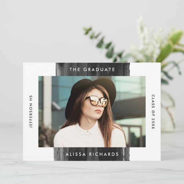 Modern Painted Black Photo Graduation Party Invitation (Standing Front)