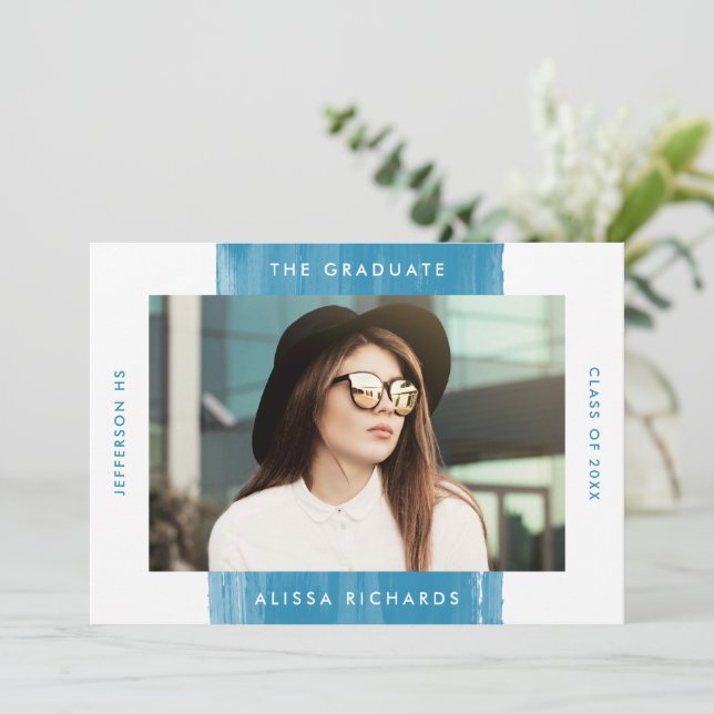 Modern Painted Blue 2 Photo Graduation Party Invitation (Standing Front)