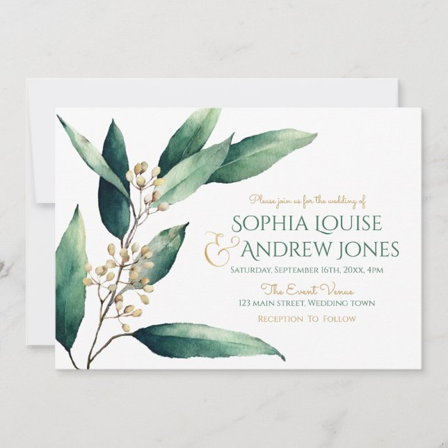 Modern painted botanical greenery rustic wedding invitation (Front)