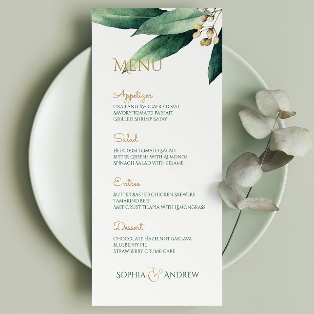 Modern painted botanical greenery rustic wedding menu (Modern painted botanical greenery rustic wedding menu)