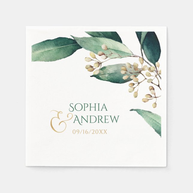 Modern painted botanical greenery rustic wedding napkin (Front)