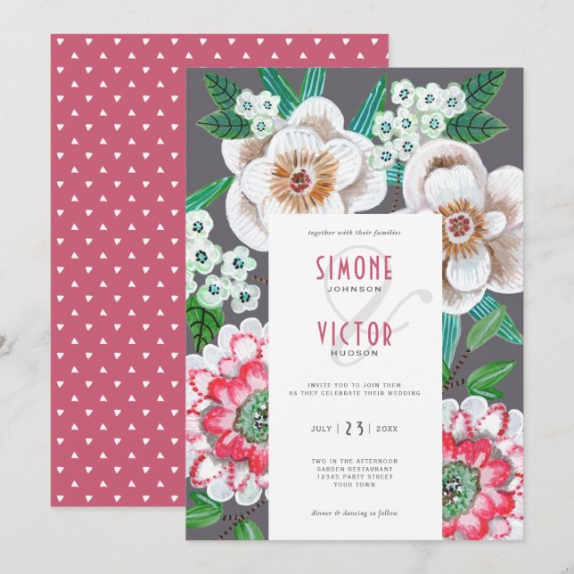 Modern painted flowers wedding invitation (Front/Back)