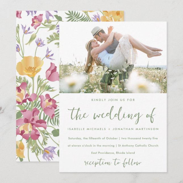 Modern Painted Wildflowers Photo Wedding Invitation (Front/Back)