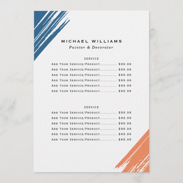 Modern Painter Business Price List Menu (Front)