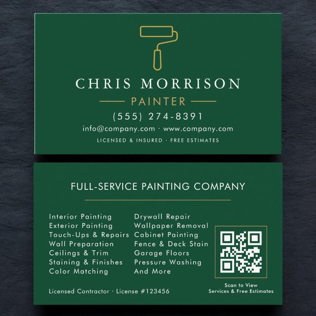 Modern Painter Green Gold QR Code Business Card (Creator Uploaded)