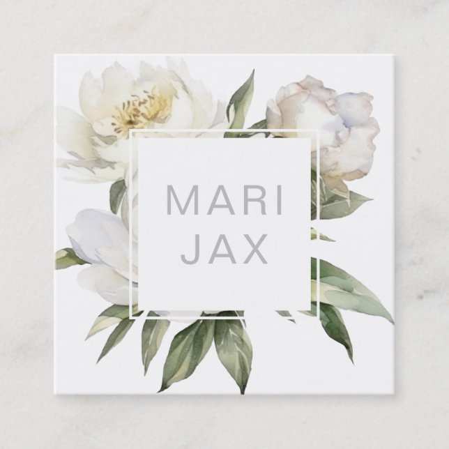 Modern painterly white peony flower square business card (Front)
