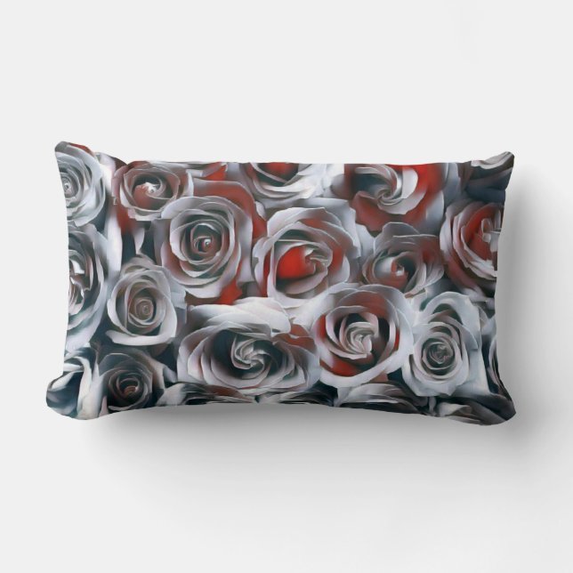 Modern Painting Black White Silver and Red Roses Lumbar Cushion (Front)