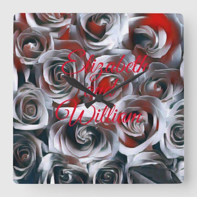 Modern Painting Black White Silver and Red Roses   Square Wall Clock (Front)