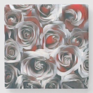 Modern Painting Black White Silver and Red Roses Stone Coaster