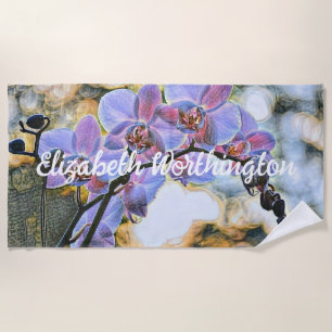 Modern Painting of a Purple Pink Orchid Flower Beach Towel