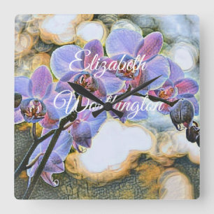 Modern Painting Purple Blue Orchid Flowers  Square Wall Clock