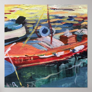 Modern painting red boat in the sea poster