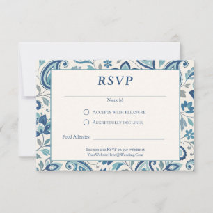 Modern Paisley Blue and Green Floral Wedding RSVP Card