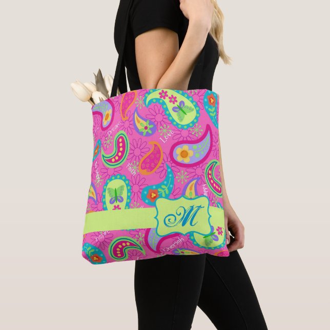 Modern Paisley Bright Pink Monogram Personalised Tote Bag (Close Up)