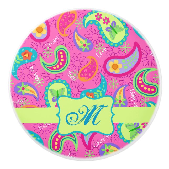 Modern Paisley Hot Pink Monogram Personalised  Ceramic Knob (Front)
