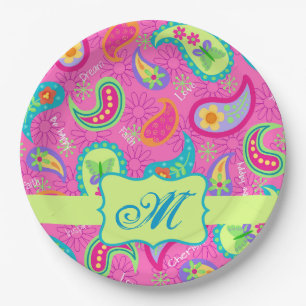Modern Paisley Hot Pink Monogram Personalised Paper Plate