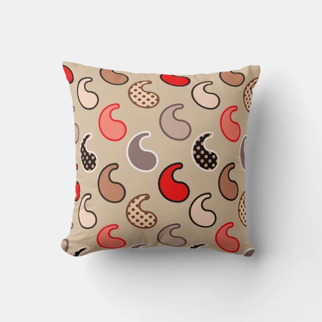 Modern Paisley pattern, Beige, Red, Grey and Coral Cushion (Front)