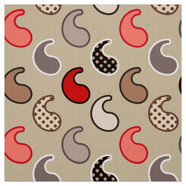 Modern Paisley pattern, Beige, Red, Grey and Coral Fabric (Swatch)
