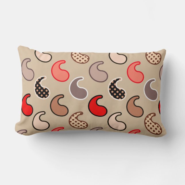Modern Paisley pattern, Beige, Red, Grey and Coral Lumbar Cushion (Front)