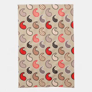 Modern Paisley pattern, Beige, Red, Grey and Coral Tea Towel