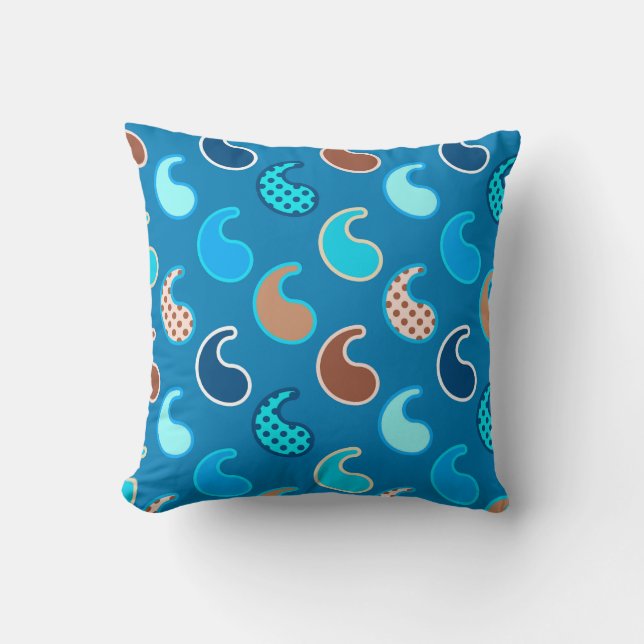 Modern Paisley pattern, Cerulean Blue, Tan & Aqua Cushion (Front)