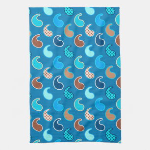 Modern Paisley pattern, Cerulean Blue, Tan & Aqua Tea Towel