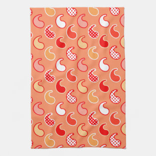 Modern Paisley pattern, Coral Orange and White Tea Towel
