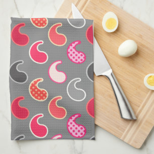 Modern Paisley pattern, Coral, Pink on Grey / Grey Tea Towel