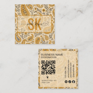 Modern paisley pattern monogram Qr Code Square Business Card