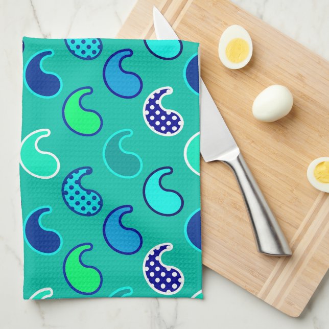 Modern Paisley pattern, Turquoise, Blue and Aqua Tea Towel (Quarter Fold)