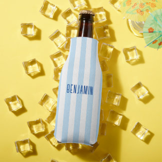 Modern Pale Blue and White Stripe Name Bottle Cooler