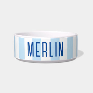 Modern Pale Blue and White Stripe Name Bowl