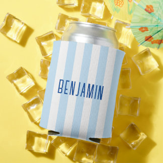 Modern Pale Blue and White Stripe Name Can Cooler