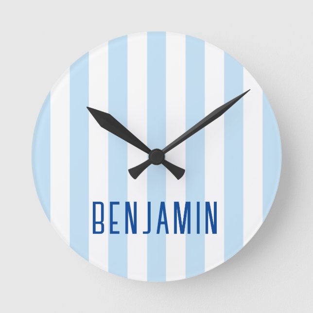 Modern Pale Blue and White Stripe Name Round Clock (Front)
