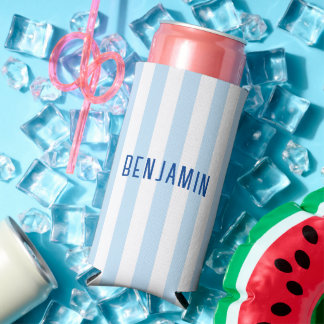 Modern Pale Blue and White Stripe Name Seltzer Can Cooler
