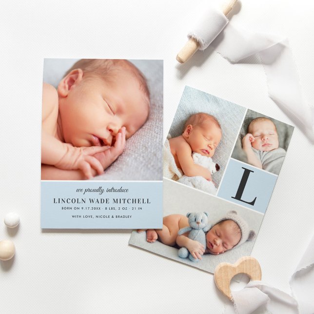 Modern Pale Blue Baby Boy Photo Collage Birth Announcement (Creator Uploaded)