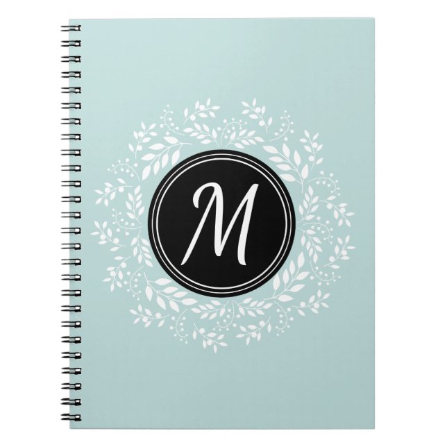 Modern Pale Blue Floral Wreath Custom Monogram Notebook (Front)