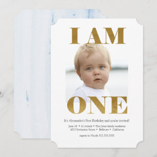 Modern Pale Blue + Gold 1st Birthday Invitations