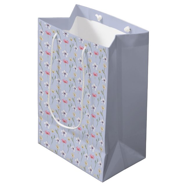 Modern Pale blue Watercolor Wildflower Pattern  Medium Gift Bag (Front Angled)