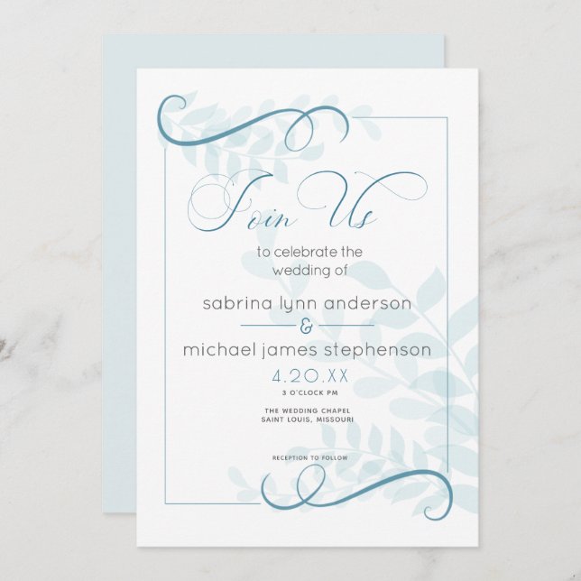 Modern Pale Foliage Chic Accents Teal Blue Invitation (Front/Back)