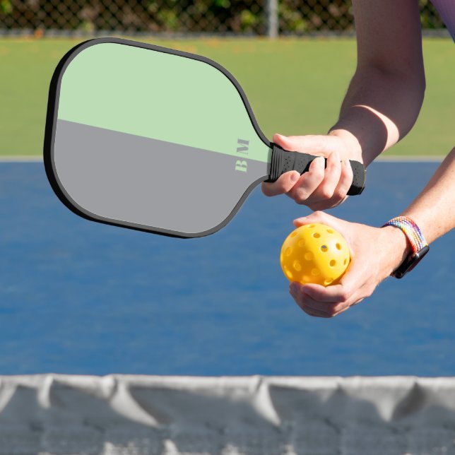 Modern Pale Green and Grey Monogram Custom Pickleball Paddle (Insitu)