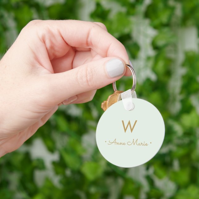 Modern Pale Green Gold Minimalist Monogram Key Ring (Hand)