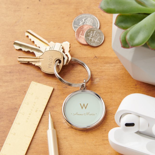 Modern Pale Green Gold Minimalist Monogram Key Ring (Desk)