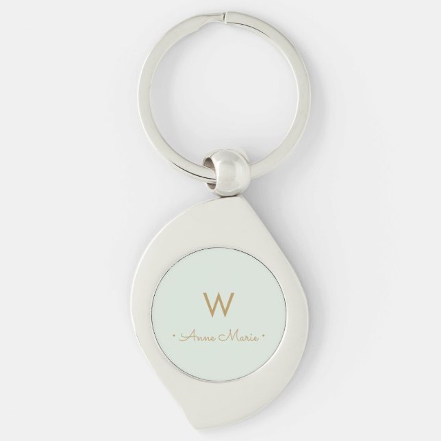 Modern Pale Green Gold Minimalist Monogram Key Ring (Front)