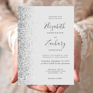 Modern Pale Grey Silver Glitter Edge Wedding Invitation