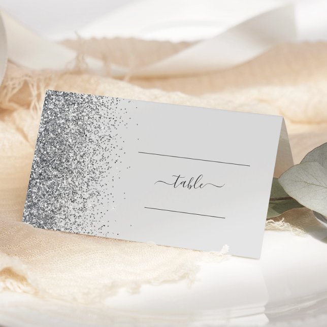 Modern Pale Grey Silver Glitter Edge Wedding Place Card (Creator Uploaded)