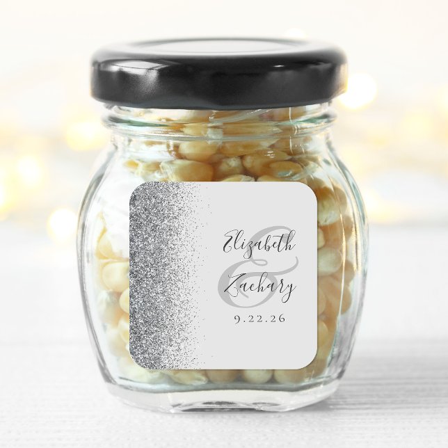 Modern Pale Grey Silver Glitter Edge Wedding Square Sticker (Creator Uploaded)