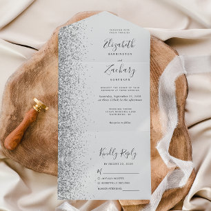Modern Pale Grey Silver Glitter Wedding All In One Invitation