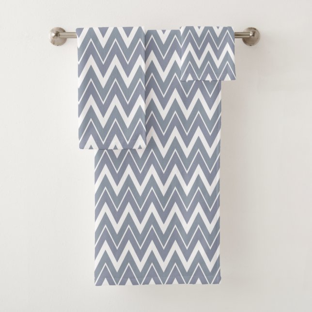 Modern Pale Grey White Chevron Striped Bath Towel Set (Insitu)